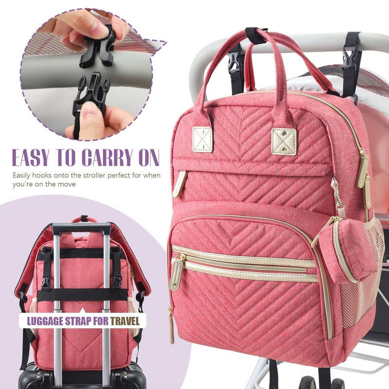Tuwubi Diaper Bag Backpack, Baby Essentials Travel Tote Bag, Multi function Waterproof Backpacks, Travel Essentials with Stroller Straps & Pacifier Case - Pink - Image 5